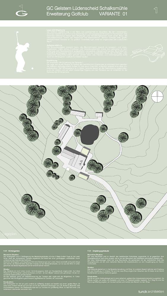 Präsentationstafel mit Lageplan für den Entwurf einer Golfplatzerweiterung.