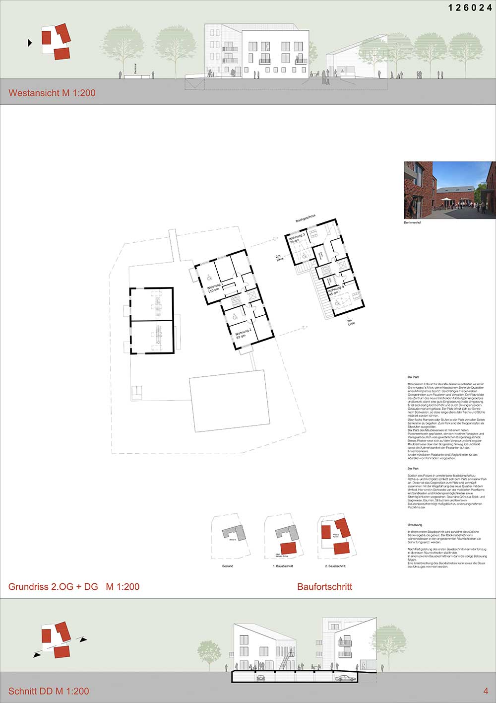 Grundrisse und Ansichten für eine Wettbewerbs-Präsentation.