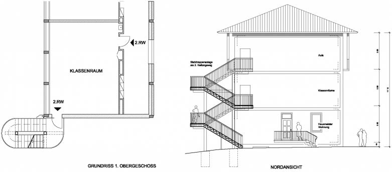 Grundriss und Ansicht der Stahl-Fluchttreppe an der Bonifatiusschule in Düsseldorf.