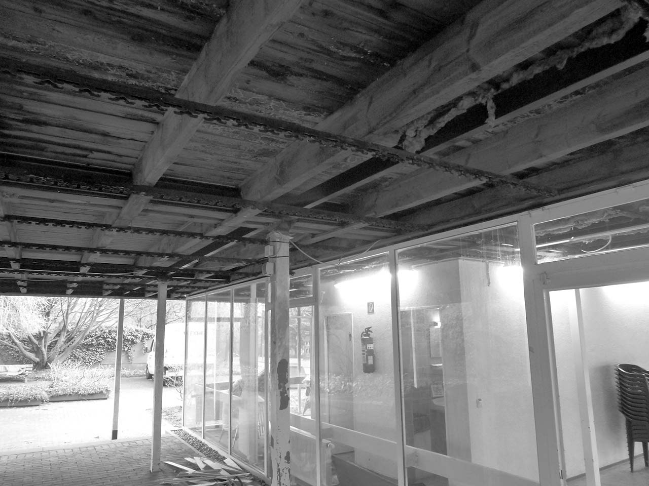 Baustellenfoto der Decke des gläsernen Pavillons