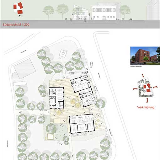 Grundrisse und städtebaulicher Plan für den Wettbewerb Maubiskarree in Kaarst.